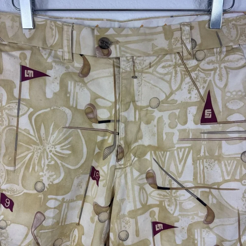 Loudmouth Men’s Golf Shorts 38 Club Print Tan Bermuda 11” Preppy Country Club